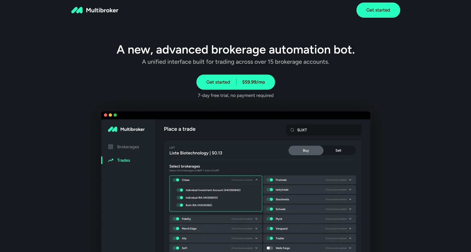 Multibroker interface showing a trade being configured across multiple brokerage accounts